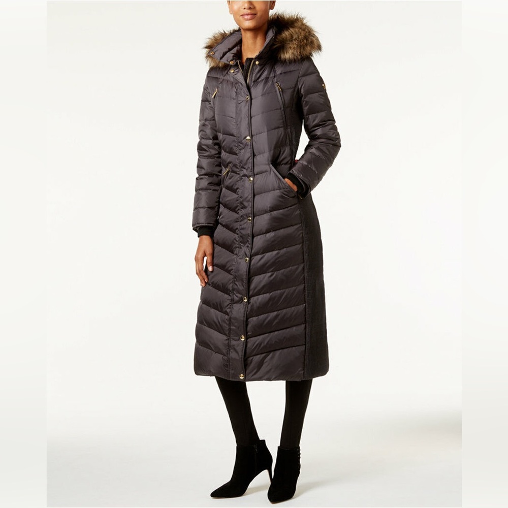 MICHAEL Michael Kors Hooded Faux-Fur-Trim Maxi Down Coat XXS Gunmetal